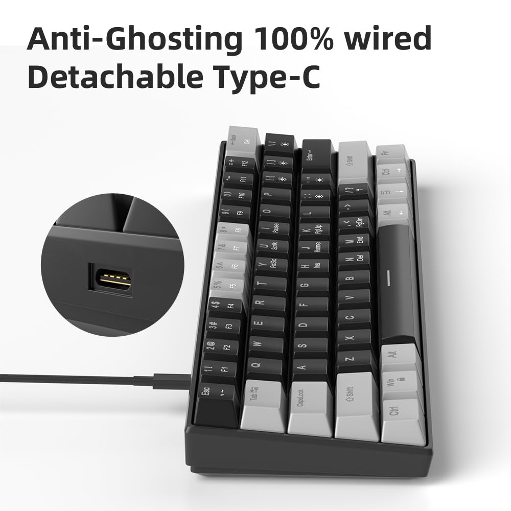 Camiysn 60% Mechanical Gaming Keyboard,Mixed Color Keycaps Gaming Keyboard with Linear Red Switches, Detachable Type-C Cable Mini Keyboard with Blue LED Light for PC/Laptop