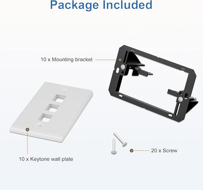 FGB 3-Port Keystone Wall Plate, with Low Voltage Mounting Bracket, with Single Gang Decorator Wall for RJ45, HDMI, and Coax Keystone Inserts, White, 10-Pack