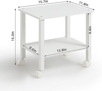 2 Tier Printer Stand with Storage,Under Desk Shelf Printer Table, Rolling Printer Cart for Office,Home,White