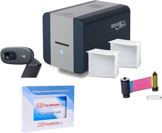 Cardholdir ID Easy Badges Solid 210 ID Badge Printer | with Beginner Software, HD Webcam, & Everything Needed to Design and Print 200 ID Cards, | Single Sided Employee & Student ID Card Printer