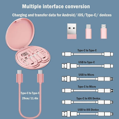 Multi USB C Adapter Kit, Charging Cable Case USB C to Type C/Micro/USB A Converter Contains Card Storage,Phone Holder, Tray Eject Pin for Traveling(Pink)