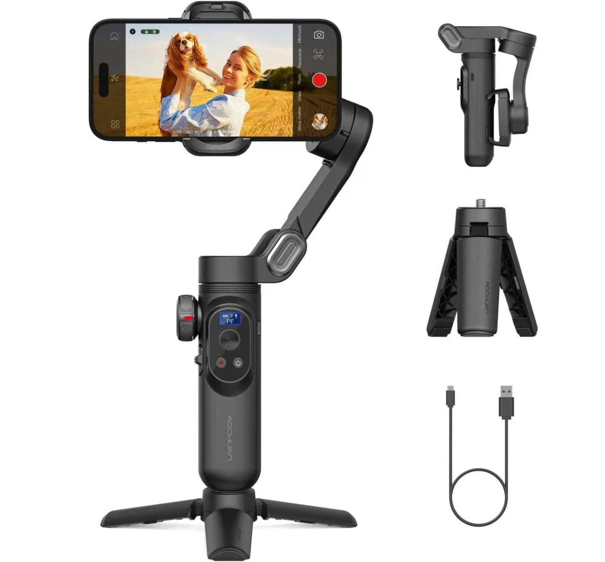 AOCHUAN iPhone Gimbal, 3-Axis Gimbal Stabilizer for Smartphone w/RGB Magnetic Fill Light Portable with Fous/Zoom Wheel for Vlog, Compatible with iPhone 15 Pro Max/Android-Smart X Pro Kit Gray