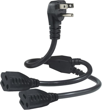 Power Cord Extension Y Splitter - 1 to 2 Way Outlet Adapter NEMA 5-15P 90-Degree Flat Plug to 2 X NEMA 5-15R with SJT 16AWG 3-Prong Cable Wire Extender Space Saver for Home Office Appliance 2-Pack
