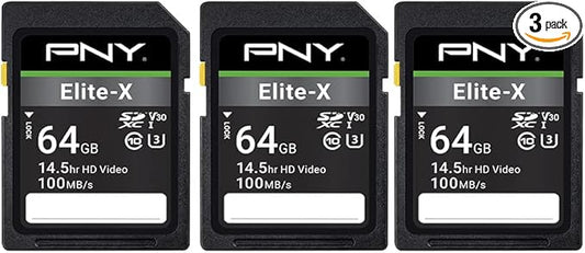 PNY 64GB Elite-X Class 10 U3 V30 SDXC Flash Memory Card - 100MB/s, Class 10, U3, V30, 4K UHD, Full HD, UHS-I, Full Size (Pack of 3)