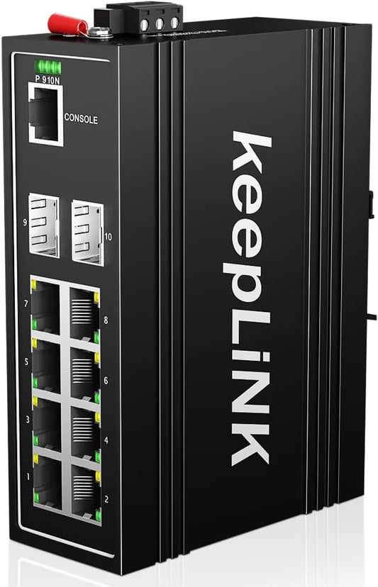 keepLiNK 10-Port Industrial Gigabit PoE Switch, Managed with 8 PoE+@130W, 2 SFP Slots, DIN Rail Network Switch, IP40, Operating Temperature Range of -30° – 75°C (-22° – 167°F), Lifetime Protection