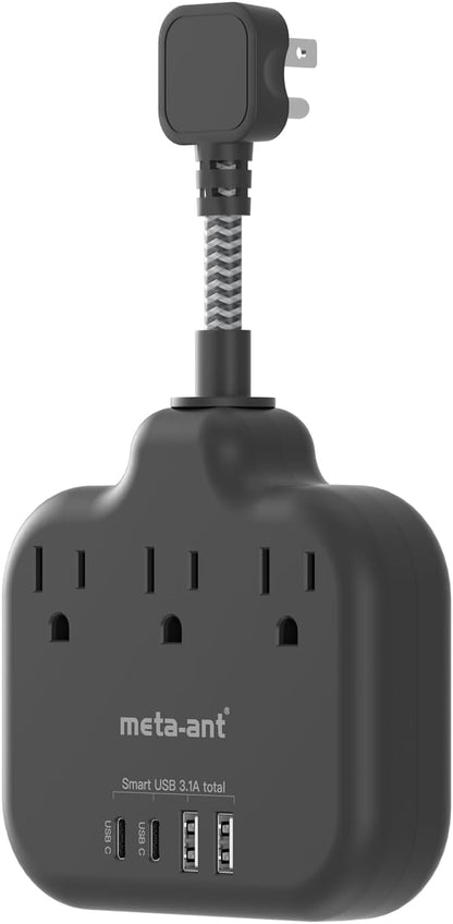 Short Extension Cord 2 inch, Short Cord Power Strip with 3 Outlets 4 USB(2 USB-C) 17W, Flat Outlet Extender, Non-Blocking, Non-Surge Protection for Cruise Travel Dorm Kitchen Bathroom, Black