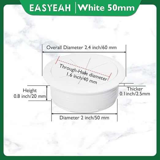 10 Pcs Desk Grommet 2" / 50 mm, Desk Hole Cover for Cables White, Cable Grommet ABS Plastic, Desk Hole Grommet for Home & Office Pc, Detachable Cable Cord Organizer