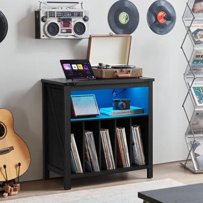 Large Record Player Stand with Charging Station & LED Lights, Vinyl Records Storage Holder Cabinet Holds up to 230 Albums, Turntable Stand for Music Room, Bedroom, Living Room, Office (Black)