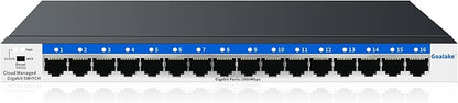 16 Port Gigabit Switch, Easy Smart Managed Ethernet Switch, Network Hub, Ethernet Splitter, Plug & Play, Fanless Metal Design, VLAN, Qos, Desktop or Wall Mount