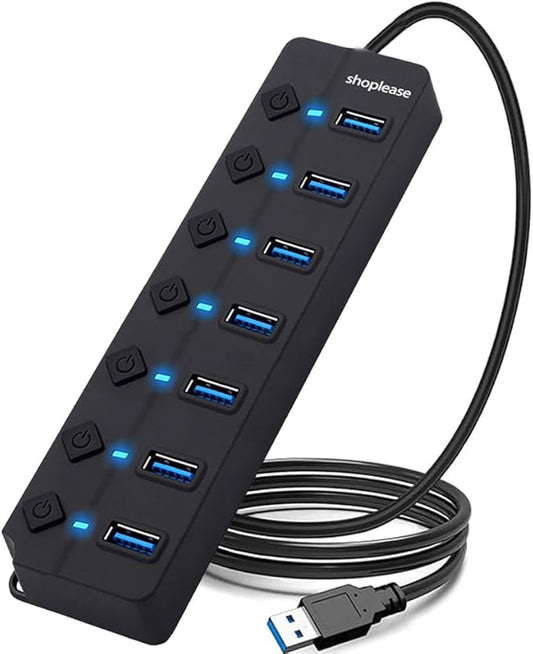 Shoplease 7-Port USB 3.0 Hub with Individual Power Switches and Lights, High-Speed Data Hub Splitter Portable USB Extension Hub with 120 cm Cable for PC Laptop and Others