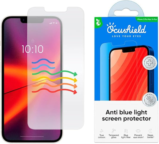 Ocushield Anti Blue Light Tempered Glass Screen Protector of iPhone 13 Pro Max & iPhone 14 Plus (6.7") – Blocks Blue Light, Prevents Eye Strain & Helps You Sleep Better, 9H Hardness & Case Friendly