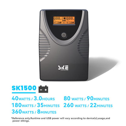 SKE SK1500 1500VA/900W UPS Battery Backup & Surge Protector - Uninterruptible Power Supply with LCD Display, AVR Voltage Regulation, 8 Outlets, Backup Power for PC, Router, NAS & Home Office