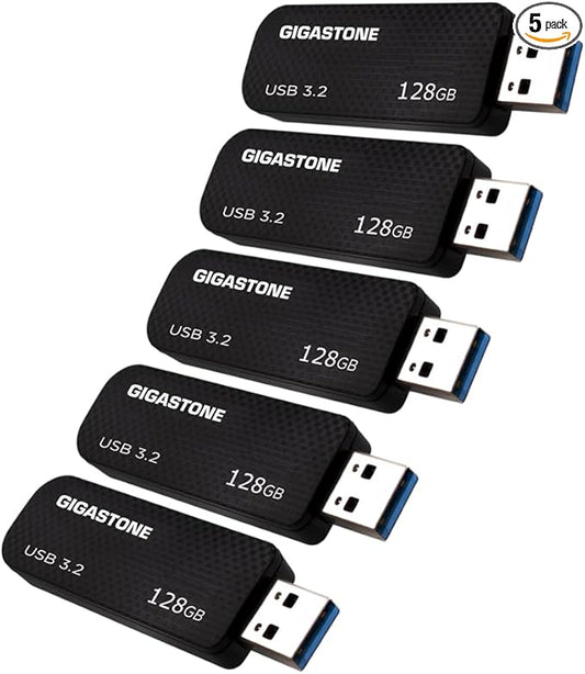 GIGASTONE 128GB USB 3.2 Flash Drive 5-Pack, 100MB/s High-Speed Data Transfer, Carbon Fiber Design, Retractable