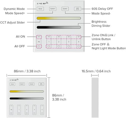 BTF-LIGHTING Wireless 2.4G RF 4 Zone Single Color Wall Mounted Smart Panel Remote Powered by 2XAAA Batteries 3V Work with WB5 LM052 LM053 C01RF C02RF C01W C02W etc PWM Controller