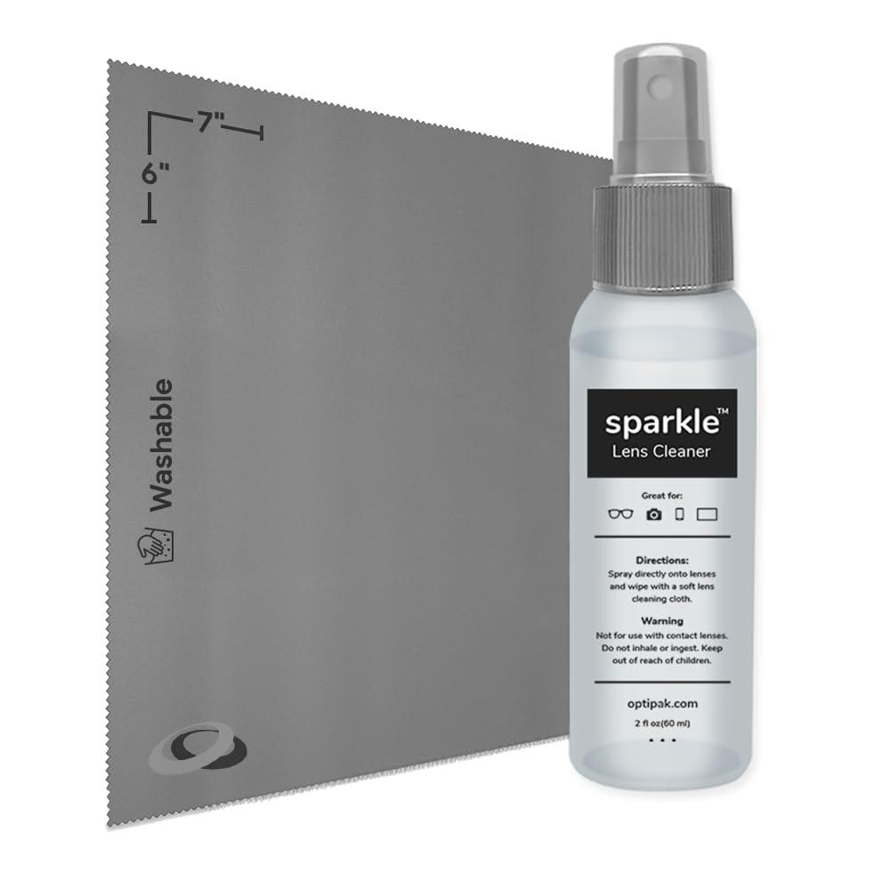 OPTIPAK Sparkle Anti-Reflective Lens Cleaner Spray kit | (1) 2oz Glasses Cleaner Spray + (1) Microfiber Cloth for Eyeglasses, Sunglasses, Lenses, Screens and Camera Cleaning Kit (2 Piece Set)