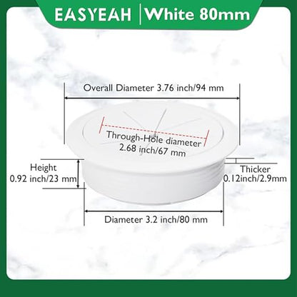 2 Pcs Desk Grommet 3-1/8" / 80 mm, Desk Hole Cover for Cables White, Cable Grommet ABS Plastic, Desk Hole Grommet for Home & Office Pc, Detachable Cable Cord Organizer