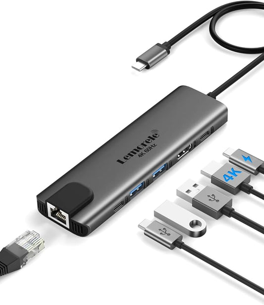 USB C Hub, Lemorele 6 in 1 Type-C Hub with 4K@60Hz HDMI, Gigabit Ethernet,100W Power Delivery, USB-C and 2 USB3.0 5 Gbps Data Port for MacBook Air, MacBook Pro, XPS, and More