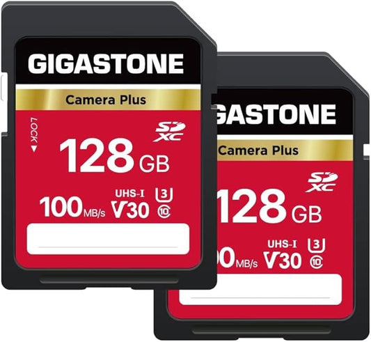 GIGASTONE 128GB SD Card 2-Pack, Camera Plus, UHS-I U3 Class 10 SDXC Memory Card Full HD Video for Digital Camera Speed up to 100MB/s, Full-Sized SD Card, with 2 mini Cases