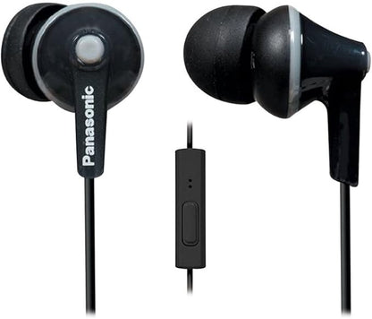 Panasonic ErgoFit Wired Earbuds With Microphone, 3.5mm Jack Wired Headphones with Mic and Call Controller, Ergonomic Custom-Fit Earpieces (S/M/L), for Phones and Laptops - RP-TCM125-K (Black)