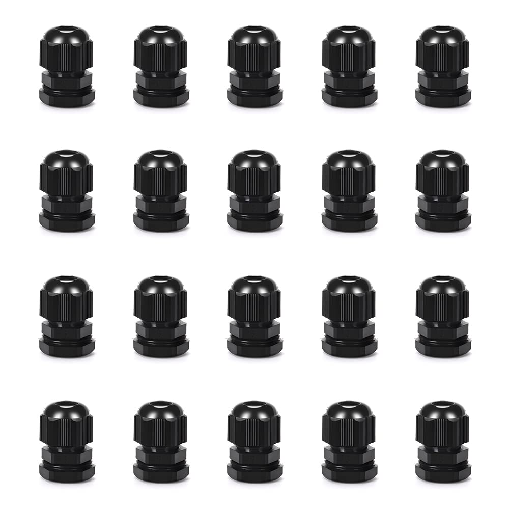 CGELE Cable Gland 20 Pack Plastic Waterproof Adjustable Connector 6-12mm PG13.5 Strain Relief Cord Connectors Joints Nylon with Gaskets