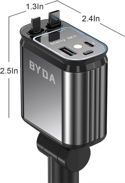 Fast Car Charger 4 in 1 Retractable Car Charger 69W with Starry Light,USB-C Fast Car Accessories,Compatible with All iPhones All Android Phones (GreyLightning+USB-C & PurpleLight)