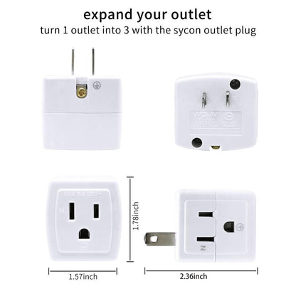 SYCON Adapter Outlet Extender, 2-Prong to 3-Prong Mini Wall Plug, Multi Outlet Splitter with 3 Outlets