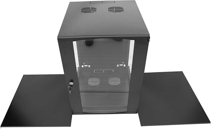 9U Server Cabinet Wall Mount Rack Enclosure with Caster Wheels 2 Server Fans Locking Glass Door Removable Side Panels 19" Network Cabinet 15-18.5" Installation Depth Heavy-Duty Frame(23INCH, 9U)