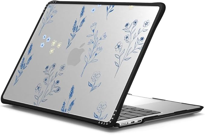CASETiFY Impact MacBook Air 13.6" (M2-M4) Case [Cushioned Impact Corners/Scratch-Resistant/Anti-Slip Grip] - Small Blue Flowers - Clear Black