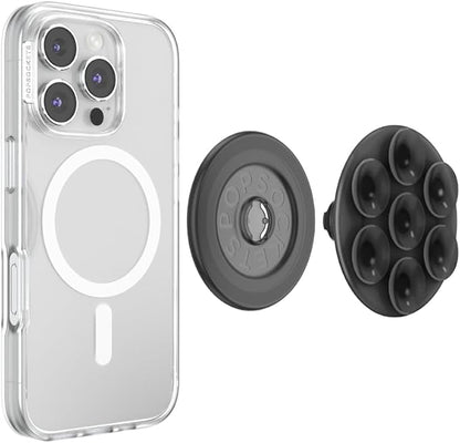 PopSockets Suck-Up™ Suction Grip & Stand, 3-in-1 MagSafe Phone Mount for iPhone, Strong Hold on Mirrors & Glass, Swappable Top, Portable & Reusable - Translucent Black