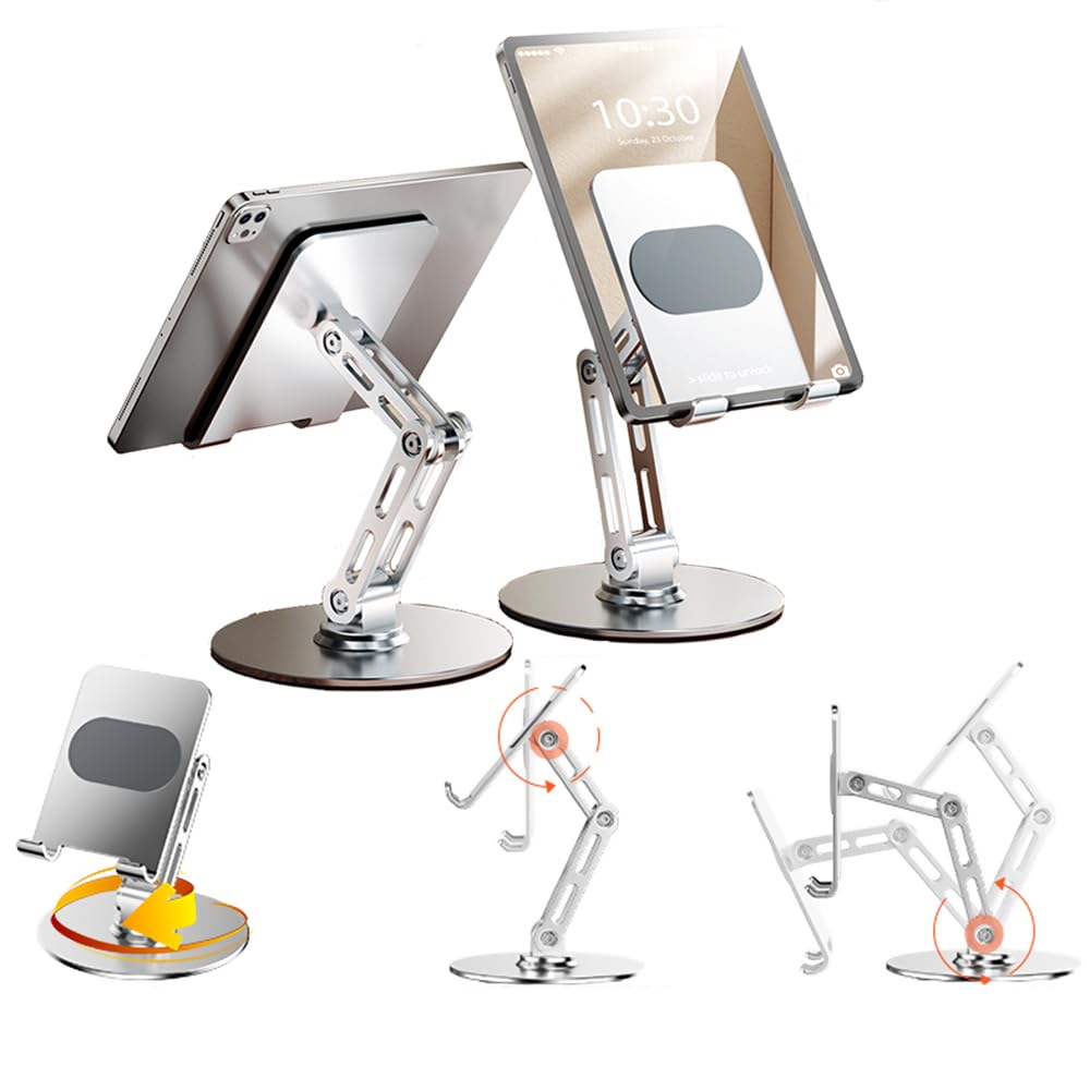 Adjustable Phone Stand for Desk,for 4.7-9.7 Inch Devices,360° Rotating Aluminum Alloy,Silver Compatible with ipad Tablet Kindle TAB Surface Cell Phone Stand Holder