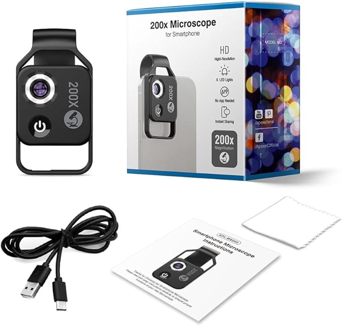 200X Magnification Microscope Lens withCPL Mobile LED Light Micro Pocket Macro Lenses for iPhone Samsung All Smartphones (White with CPL)
