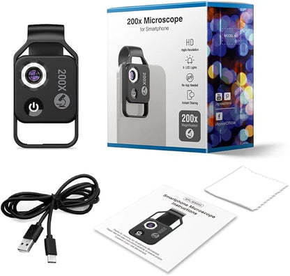 200X Magnification Microscope Lens withCPL Mobile LED Light Micro Pocket Macro Lenses for iPhone Samsung All Smartphones (White Without CPL)