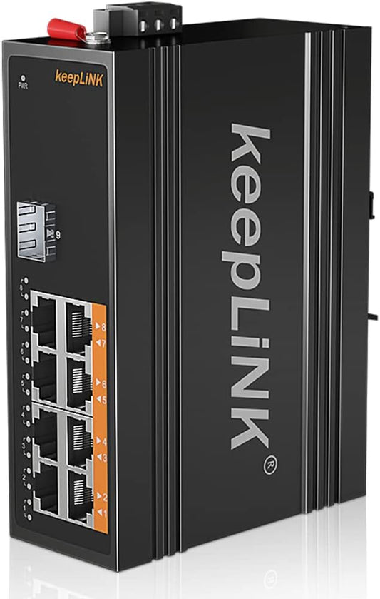 keepLiNK 8 Port Industrial PoE Switch Unmanaged, Gigabit PoE Switch with 8 PoE+ Ports @245w, 1 SFP Slot, DIN Rail Hardened Network Switch, IP40