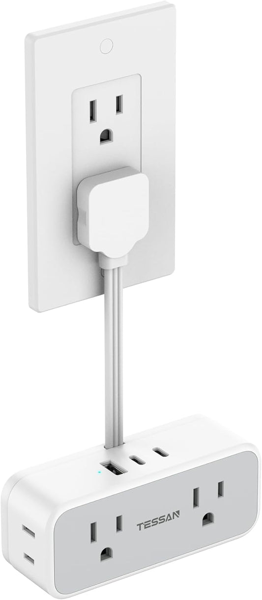 TESSAN Short Extension Cord 0.5Ft, Flat Plug Outlet Extender, Grey