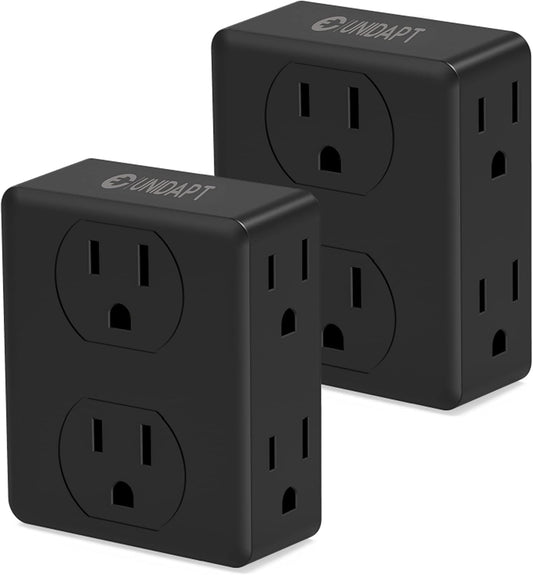 Unidapt Multi Plug Wall Outlet Extender, 6 AC Power Sockets, 2-Pack, Black