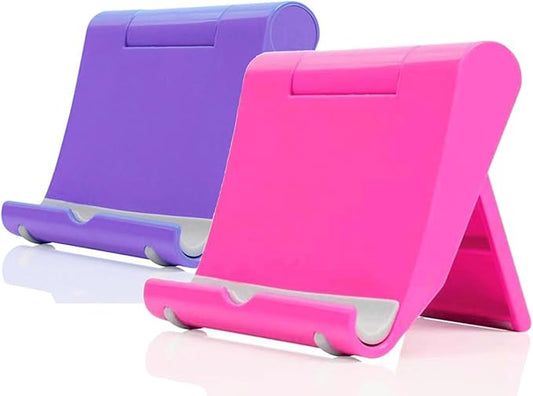 JUSDIQIR Cell Phone Stand for Desk 2 Pack Mobile Phone Holders Desktop Tablet Stand, Foldable Phone Dock Universal Adjustable Tablet Stand for Desk (Pink+Purple)