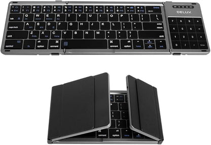 DeLUX Foldable Keyboard with Touchpad and Numeric Keypad, 2.4G Wireless and Bluetooth, Rechargeable Portable Travel Folding Keyboard with PU Leather, for iOS Android Windows Tablet (KF18)