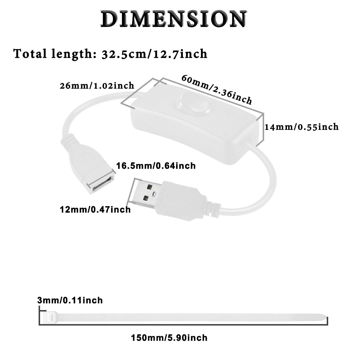 MKBKLLJY 4PCS USB Power Switch Cable USB 2.0 A Male to Female Extension Cord On/Off Adapter with Inline Rocker Switch with Cable Ties for Driving Recorder Small Desk Lamp LED Strip (White)