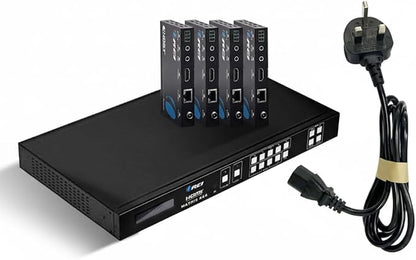 OREI Professional 4K 4x4 HDMI Extender Matrix - HDBaseT UltraHD 4K @ 60Hz 4:2:0 Over Single CAT5e/6/7 Cable with HDR Switcher & IR Control, RS-232 - Up to 230 Ft - Loop Out - 4 Receivers Included