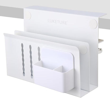 LUKETURE Laptop Holder, Steel Desk Side Storage, No Drill Standing Desk Accessories, Clamp on Laptop Mount with Pen Holder, Fits Flat Edge Tables 0.3" to 2.8" (White, L(2 Tier))