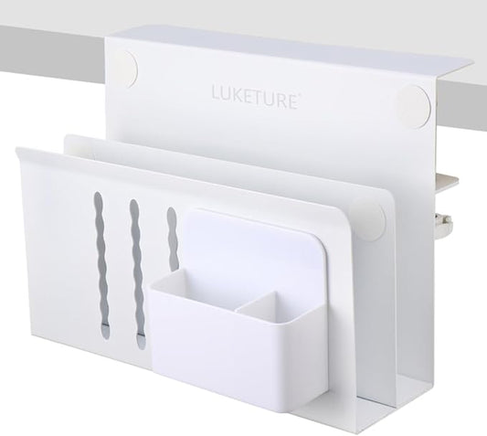 LUKETURE Laptop Holder, Steel Desk Side Storage, No Drill Standing Desk Accessories, Clamp on Laptop Mount with Pen Holder, Fits Flat Edge Tables 0.3" to 2.8" (White, L(2 Tier))