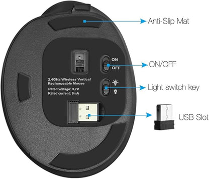 Wireless Mouse Ergonomic Vertical Mouse for Large Hands Rechargeable Big Quiet Silent Ergo Blue LED Light 3600DPI Carpal Tunnel Comfortable Cordless Mice for PC Laptop Computer Macbook Office Gift