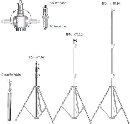 Stainless Steel Light Stand Photography, Spring Cushioned Heavy Duty Tripod Stand, 9.5ft/2.8m, 2 Packs Professional Photography Studio Stands