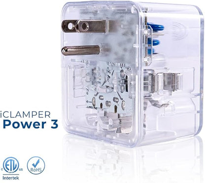 Clamper 3-Outlet Surge Protector 1800 Joules, 1875W, for TV, PC, Xbox, PS5, Refrigerators and Other Appliances (Compact Wall Surge Protector), iCLAMPER Power 3, 2-Pack Clear