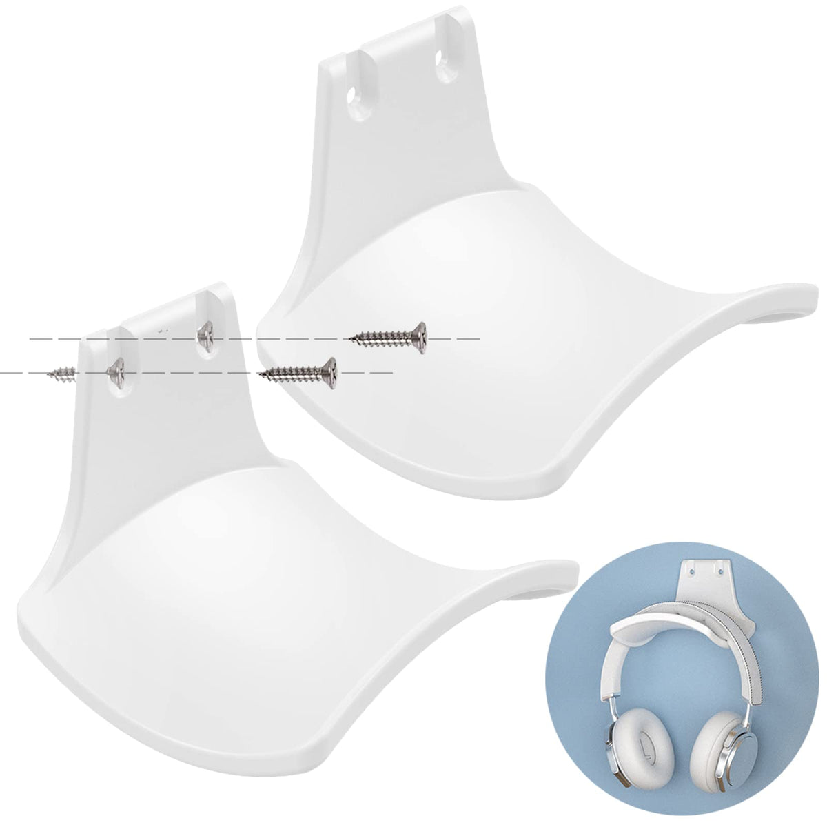 SIROLISA 2-Pack Never Fall Headphone Hook Wall Mount Headset Holder White