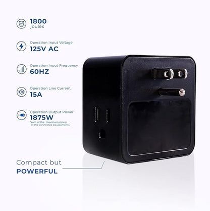 Clamper 3-Outlet Surge Protector 1800 Joules, 1875W, for TV, PC, Xbox, PS5, Refrigerators and Other Appliances (Compact Wall Surge Protector), iCLAMPER Power 3, 1-Pack Black