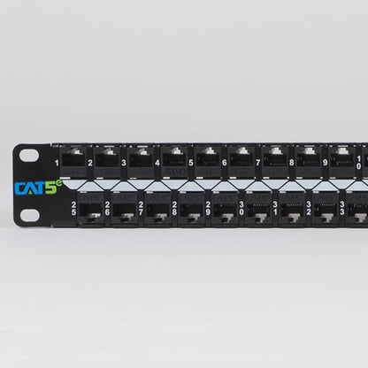 ICC CAT5e Feed-Through Patch Panel, 48 Port, 1U Rackmount, RJ45 Ethernet Patch Panel, No Punch Down, PoE++ and TAA Compliant, Black