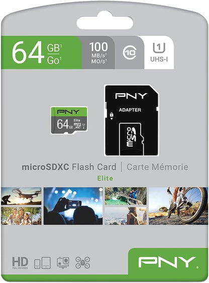 PNY 64GB Elite Class 10 U1 microSDXC Flash Memory Card - 100MB/s, Class 10, U1, Full HD, UHS-I, Micro SD (Pack of 1)