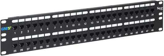 ICC CAT5e Feed-Through Patch Panel, 48 Port, 2U Rackmount, RJ45 Ethernet Patch Panel, No Punch Down, PoE++ and TAA Compliant, Black