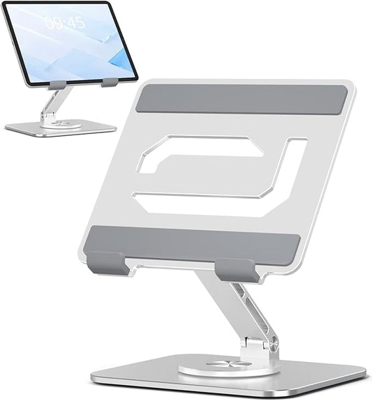 ToBeoneer Tablet Stand Holder with 360°Rotating Base - Adjustable Aluminum Desktop Stand for iPad Holder for Desk Compatible with 4-13" Tablets, Silver
